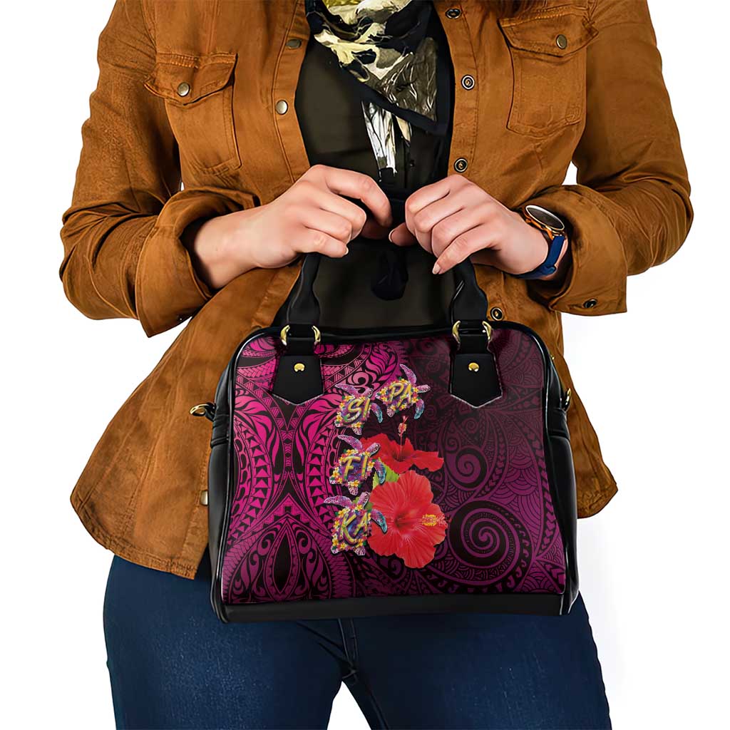 Pasifika Festival Shoulder Handbag Plumeria Turtles with Hibiscus - Polynesian Art Tattoo Pink Color