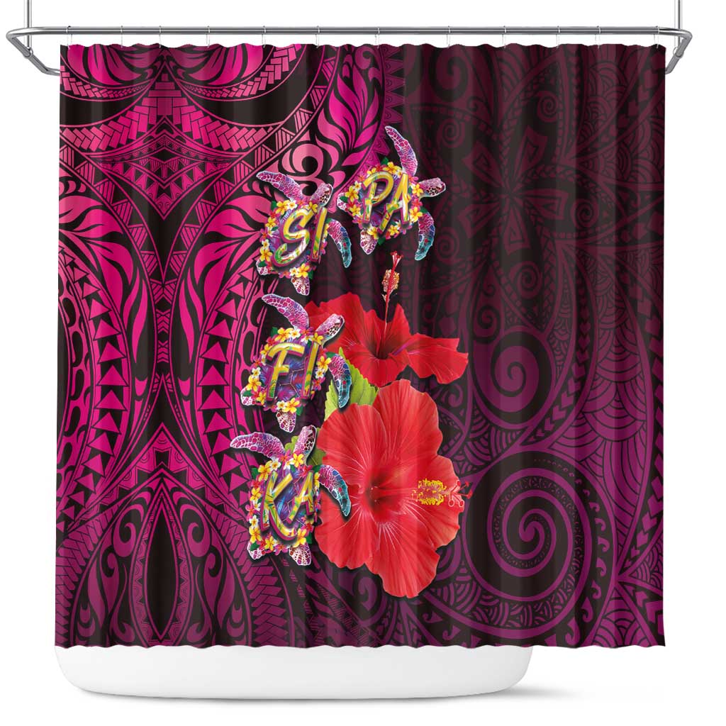 Pasifika Festival Shower Curtain Plumeria Turtles with Hibiscus - Polynesian Art Tattoo Pink Color LT03 Pink - Polynesian Pride