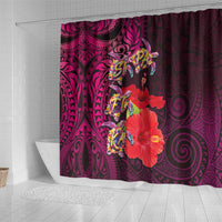 Pasifika Festival Shower Curtain Plumeria Turtles with Hibiscus - Polynesian Art Tattoo Pink Color LT03 - Polynesian Pride
