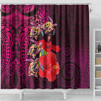 Pasifika Festival Shower Curtain Plumeria Turtles with Hibiscus - Polynesian Art Tattoo Pink Color LT03 - Polynesian Pride