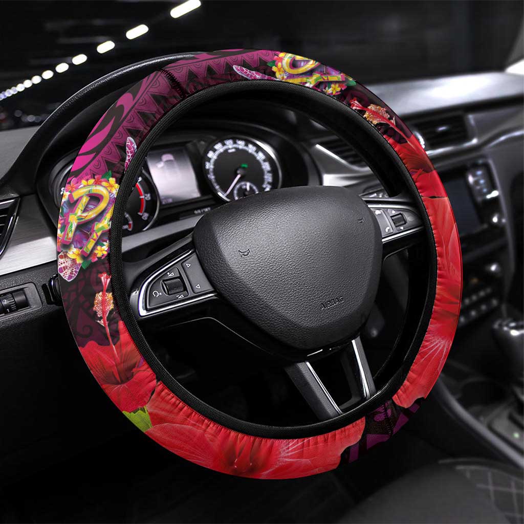 Pasifika Festival Steering Wheel Cover Plumeria Turtles with Hibiscus - Polynesian Art Tattoo Pink Color LT03 Universal Fit Pink - Polynesian Pride
