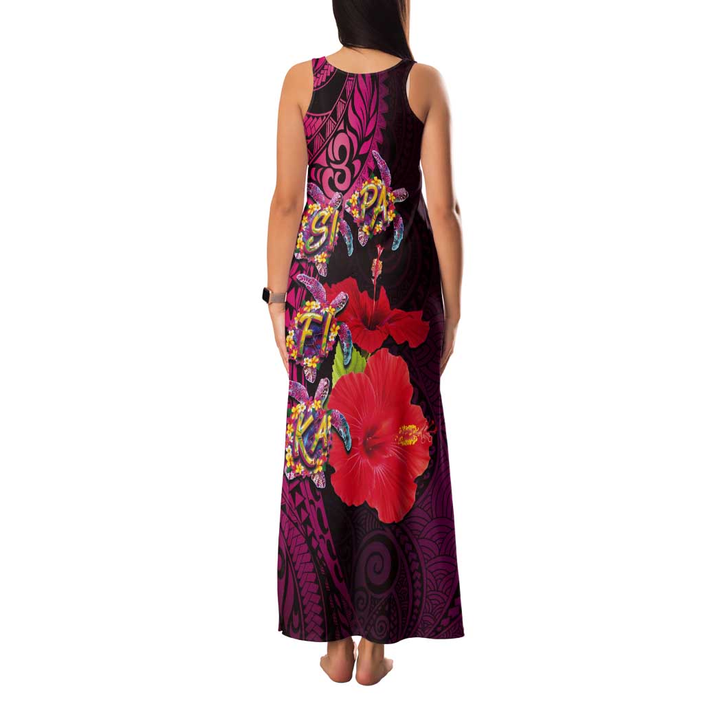 Pasifika Festival Tank Maxi Dress Plumeria Turtles with Hibiscus - Polynesian Art Tattoo Pink Color LT03 - Polynesian Pride