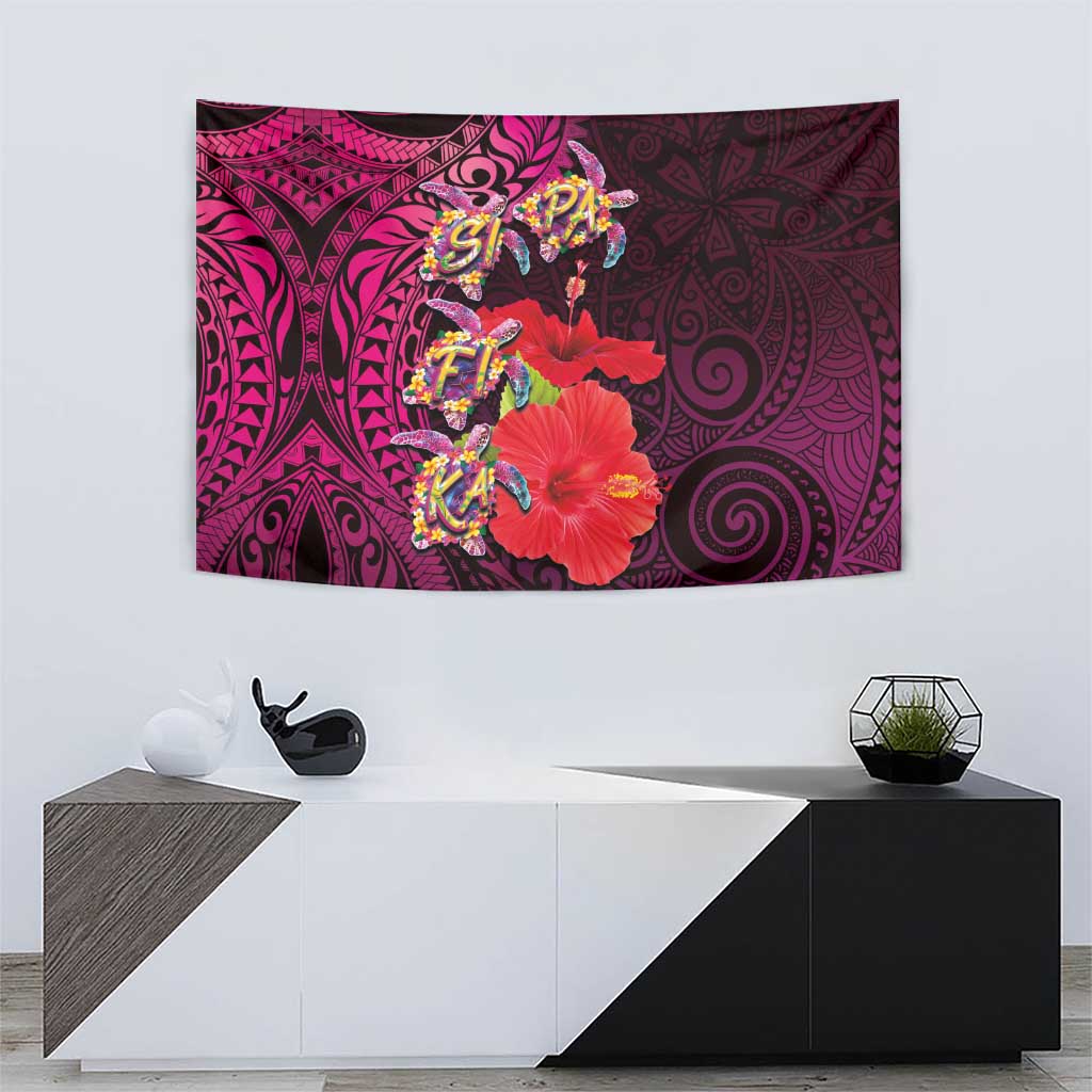 Pasifika Festival Tapestry Plumeria Turtles with Hibiscus - Polynesian Art Tattoo Pink Color