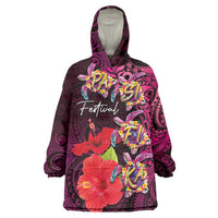 Pasifika Festival Wearable Blanket Hoodie Plumeria Turtles with Hibiscus - Polynesian Art Tattoo Pink Color LT03 One Size Pink - Polynesian Pride