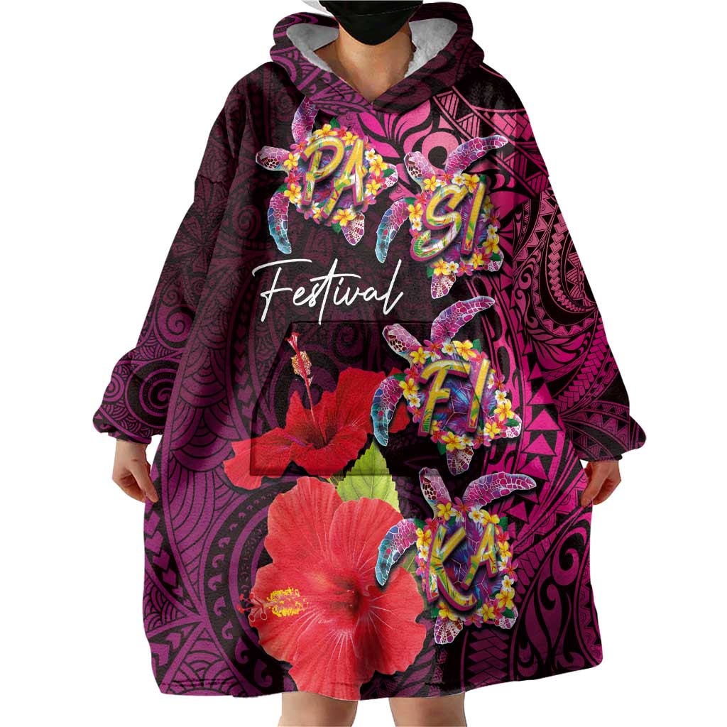 Pasifika Festival Wearable Blanket Hoodie Plumeria Turtles with Hibiscus - Polynesian Art Tattoo Pink Color LT03 - Polynesian Pride
