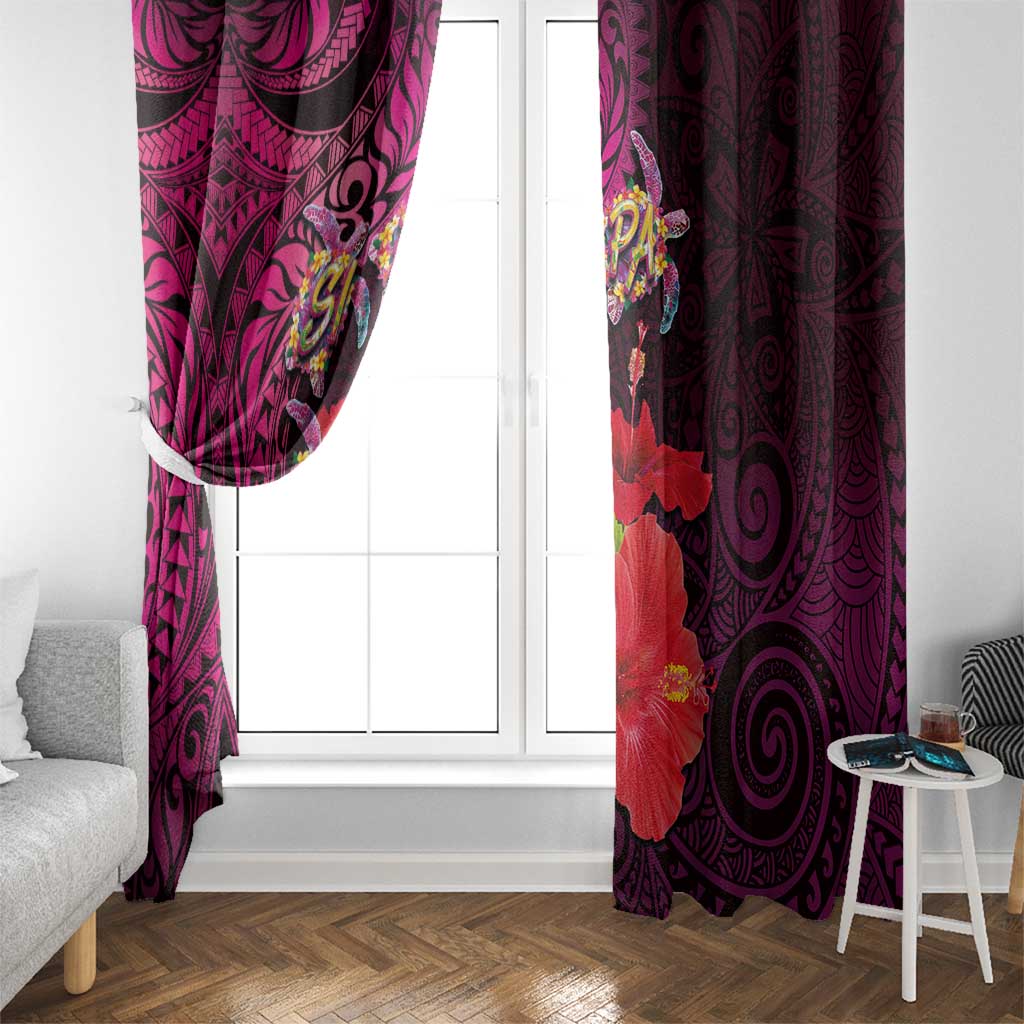 Pasifika Festival Window Curtain Plumeria Turtles with Hibiscus - Polynesian Art Tattoo Pink Color