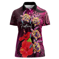 Pasifika Festival Women Polo Shirt Plumeria Turtles with Hibiscus - Polynesian Art Tattoo Pink Color LT03 Female Pink - Polynesian Pride