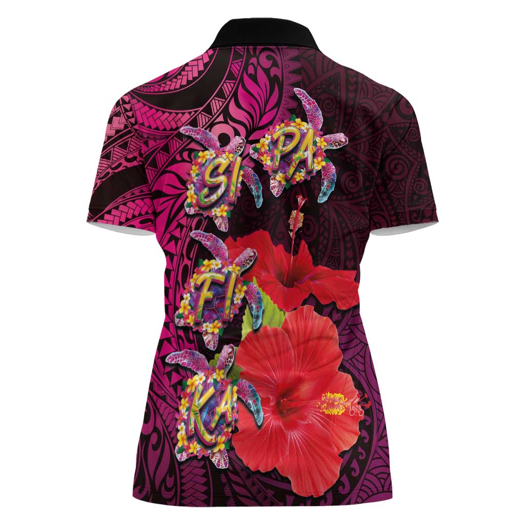 Pasifika Festival Women Polo Shirt Plumeria Turtles with Hibiscus - Polynesian Art Tattoo Pink Color LT03 - Polynesian Pride
