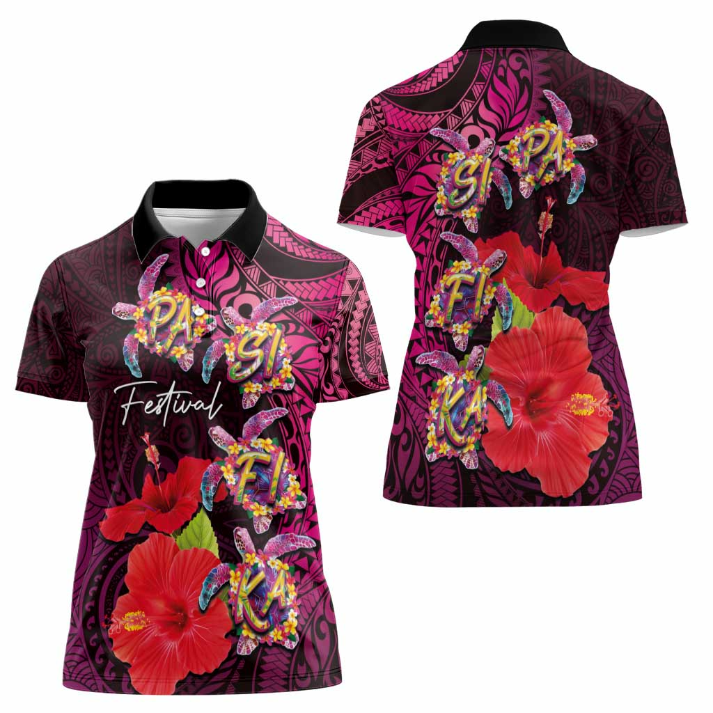 Pasifika Festival Women Polo Shirt Plumeria Turtles with Hibiscus - Polynesian Art Tattoo Pink Color LT03 - Polynesian Pride