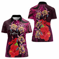 Pasifika Festival Women Polo Shirt Plumeria Turtles with Hibiscus - Polynesian Art Tattoo Pink Color LT03 - Polynesian Pride