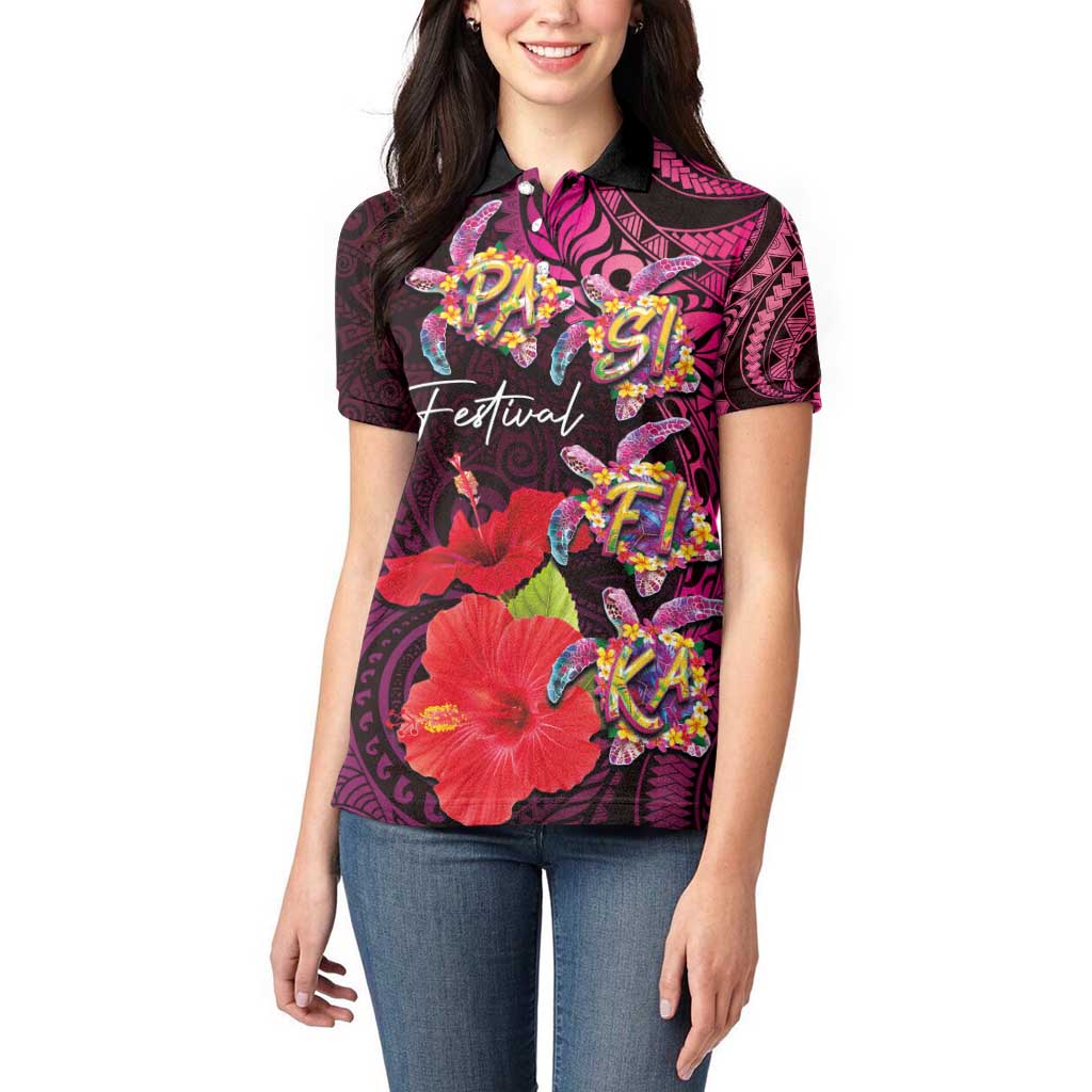 Pasifika Festival Women Polo Shirt Plumeria Turtles with Hibiscus - Polynesian Art Tattoo Pink Color LT03 - Polynesian Pride