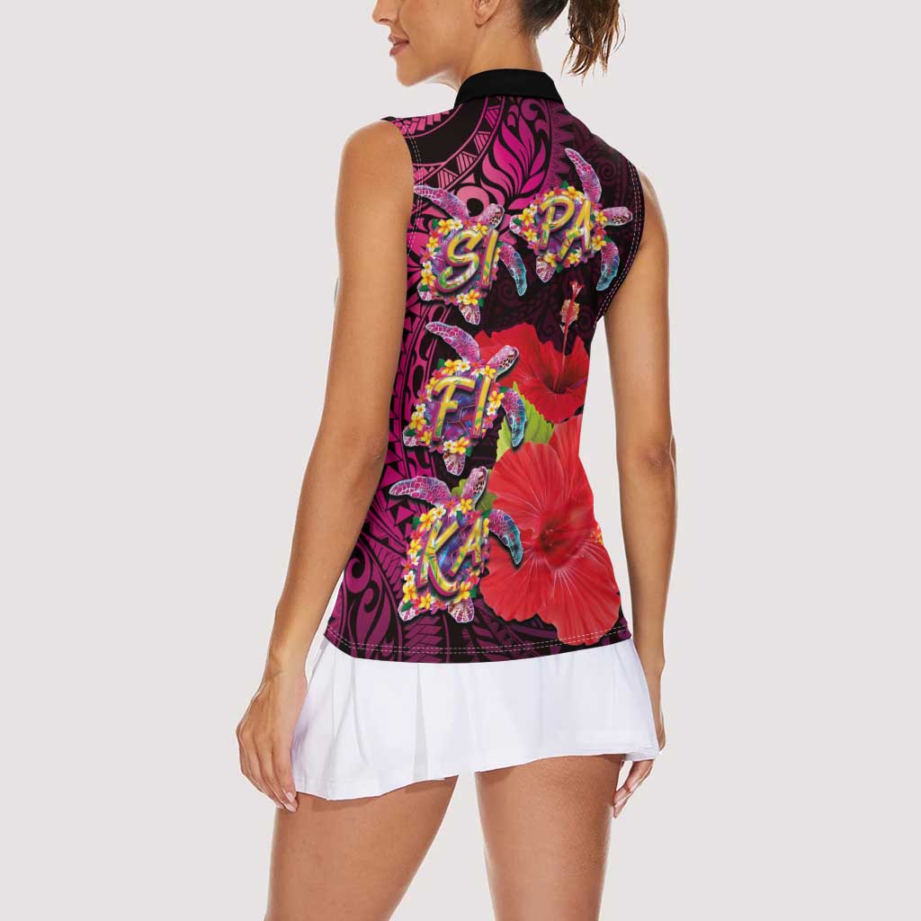Pasifika Festival Women Sleeveless Polo Shirt Plumeria Turtles with Hibiscus - Polynesian Art Tattoo Pink Color