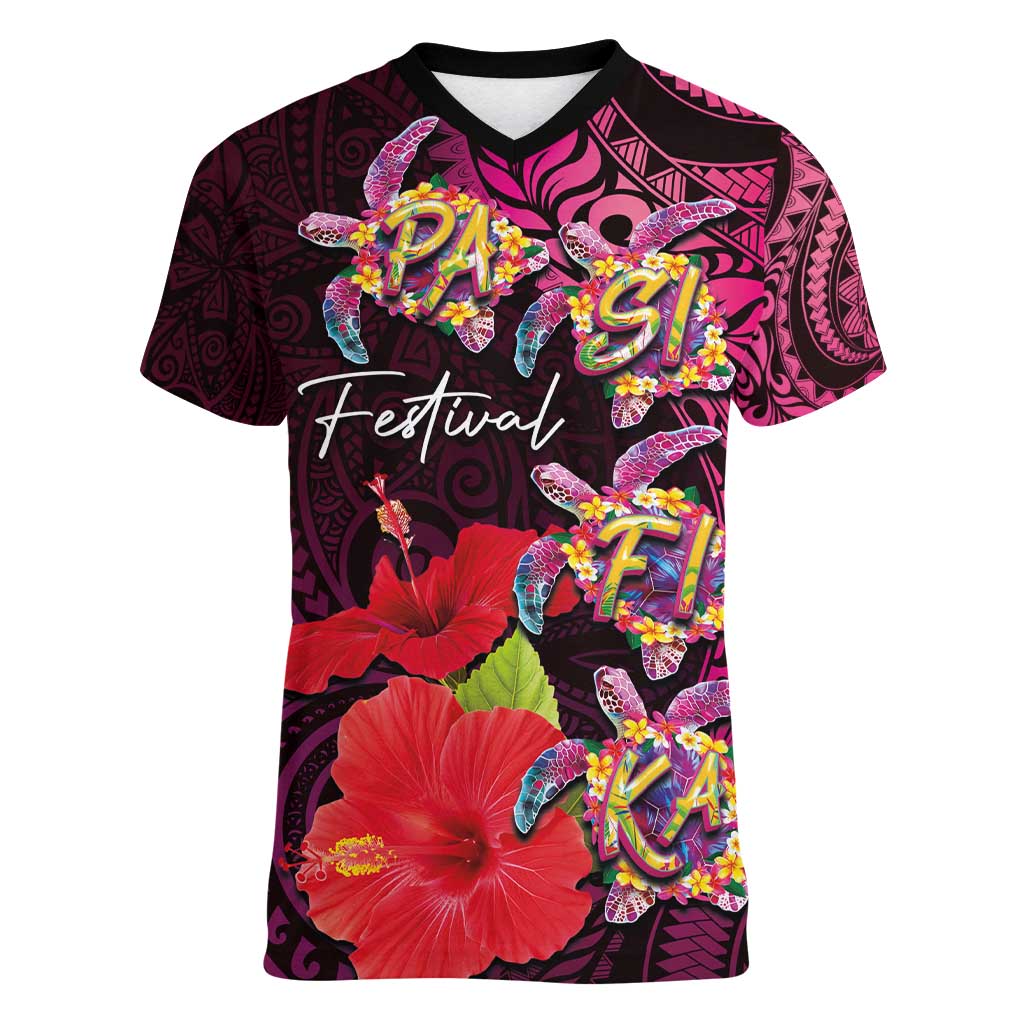 Pasifika Festival Women V-Neck T-Shirt Plumeria Turtles with Hibiscus - Polynesian Art Tattoo Pink Color