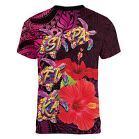 Pasifika Festival Women V-Neck T-Shirt Plumeria Turtles with Hibiscus - Polynesian Art Tattoo Pink Color