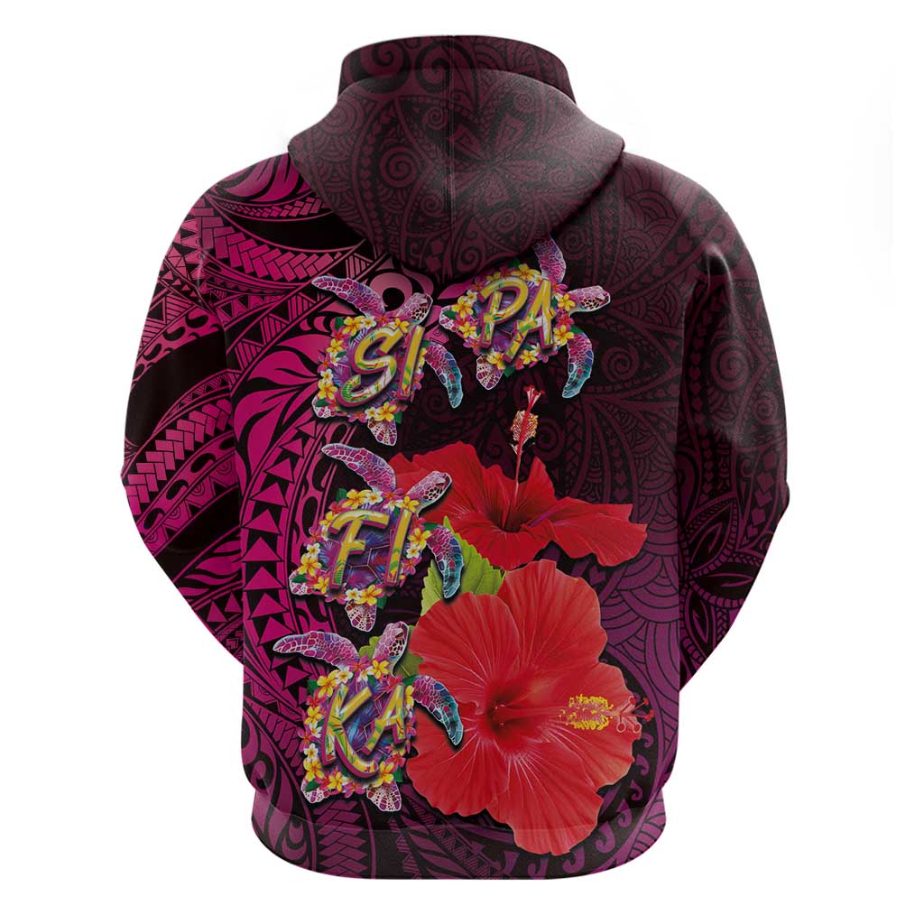 Pasifika Festival Zip Hoodie Plumeria Turtles with Hibiscus - Polynesian Art Tattoo Pink Color LT03 - Polynesian Pride