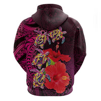 Pasifika Festival Zip Hoodie Plumeria Turtles with Hibiscus - Polynesian Art Tattoo Pink Color LT03 - Polynesian Pride