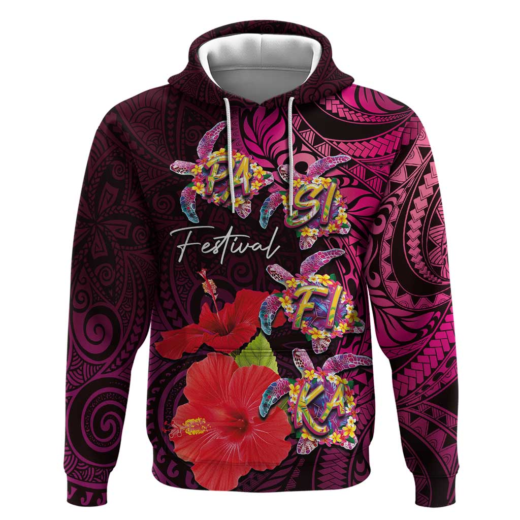 Pasifika Festival Zip Hoodie Plumeria Turtles with Hibiscus - Polynesian Art Tattoo Pink Color LT03 Pullover Hoodie Pink - Polynesian Pride
