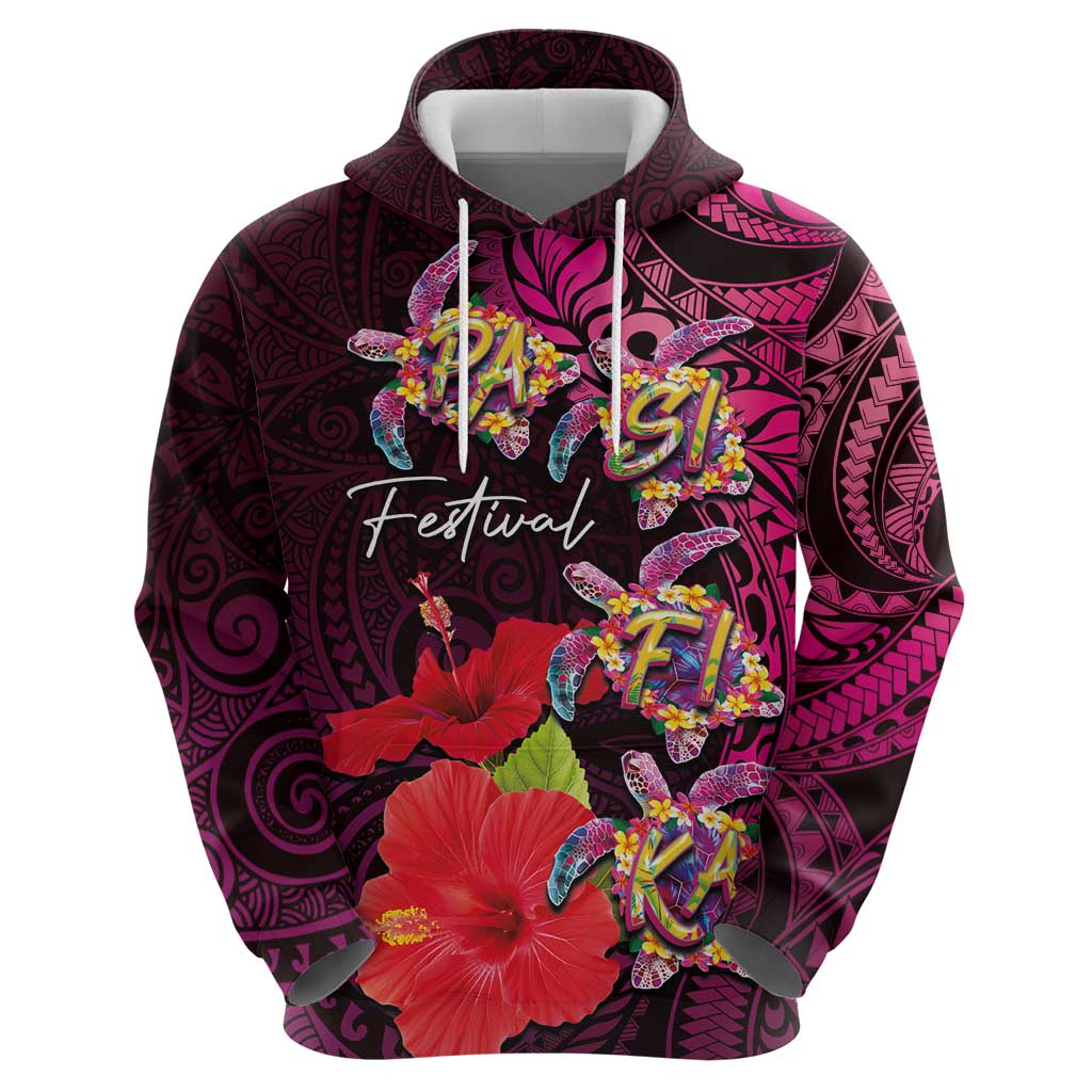 Pasifika Festival Zip Hoodie Plumeria Turtles with Hibiscus - Polynesian Art Tattoo Pink Color LT03 - Polynesian Pride