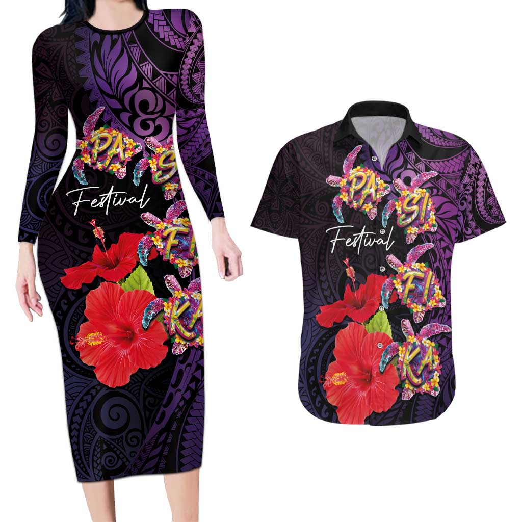 Pasifika Festival Couples Matching Long Sleeve Bodycon Dress and Hawaiian Shirt Plumeria Turtles with Hibiscus - Polynesian Art Tattoo Purple Color LT03 Purple - Polynesian Pride