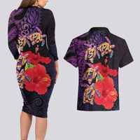 Pasifika Festival Couples Matching Long Sleeve Bodycon Dress and Hawaiian Shirt Plumeria Turtles with Hibiscus - Polynesian Art Tattoo Purple Color LT03 - Polynesian Pride