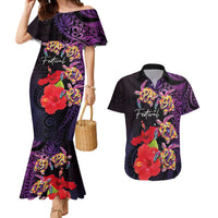 Pasifika Festival Couples Matching Mermaid Dress and Hawaiian Shirt Plumeria Turtles with Hibiscus - Polynesian Art Tattoo Purple Color LT03 Purple - Polynesian Pride