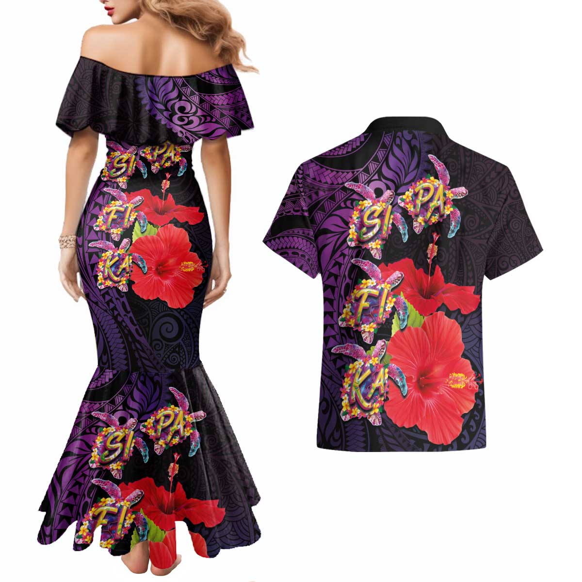 Pasifika Festival Couples Matching Mermaid Dress and Hawaiian Shirt Plumeria Turtles with Hibiscus - Polynesian Art Tattoo Purple Color LT03 - Polynesian Pride