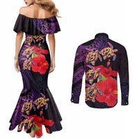 Pasifika Festival Couples Matching Mermaid Dress and Long Sleeve Button Shirt Plumeria Turtles with Hibiscus - Polynesian Art Tattoo Purple Color LT03 - Polynesian Pride