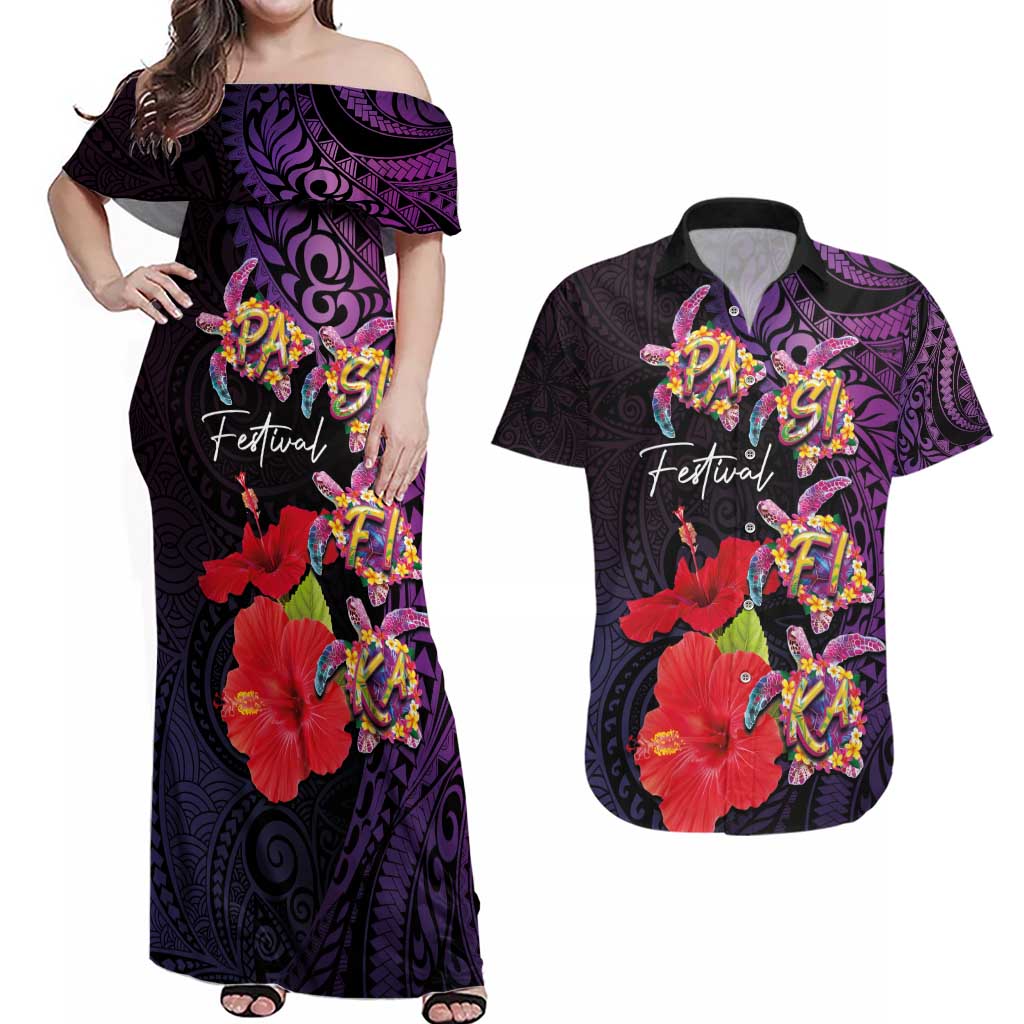 Pasifika Festival Couples Matching Off Shoulder Maxi Dress and Hawaiian Shirt Plumeria Turtles with Hibiscus - Polynesian Art Tattoo Purple Color LT03 Purple - Polynesian Pride