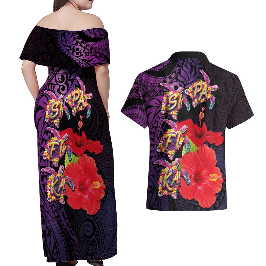 Pasifika Festival Couples Matching Off Shoulder Maxi Dress and Hawaiian Shirt Plumeria Turtles with Hibiscus - Polynesian Art Tattoo Purple Color LT03 - Polynesian Pride