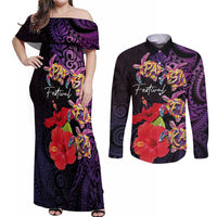 Pasifika Festival Couples Matching Off Shoulder Maxi Dress and Long Sleeve Button Shirt Plumeria Turtles with Hibiscus - Polynesian Art Tattoo Purple Color LT03 Purple - Polynesian Pride