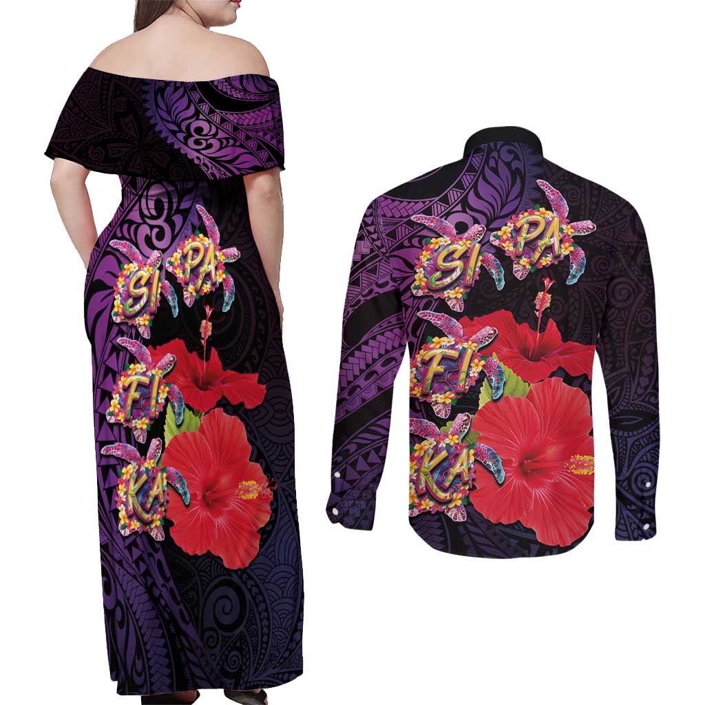Pasifika Festival Couples Matching Off Shoulder Maxi Dress and Long Sleeve Button Shirt Plumeria Turtles with Hibiscus - Polynesian Art Tattoo Purple Color LT03 - Polynesian Pride