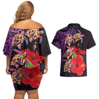 Pasifika Festival Couples Matching Off Shoulder Short Dress and Hawaiian Shirt Plumeria Turtles with Hibiscus - Polynesian Art Tattoo Purple Color LT03 - Polynesian Pride