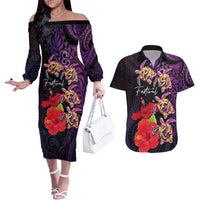 Pasifika Festival Couples Matching Off The Shoulder Long Sleeve Dress and Hawaiian Shirt Plumeria Turtles with Hibiscus - Polynesian Art Tattoo Purple Color LT03 Purple - Polynesian Pride