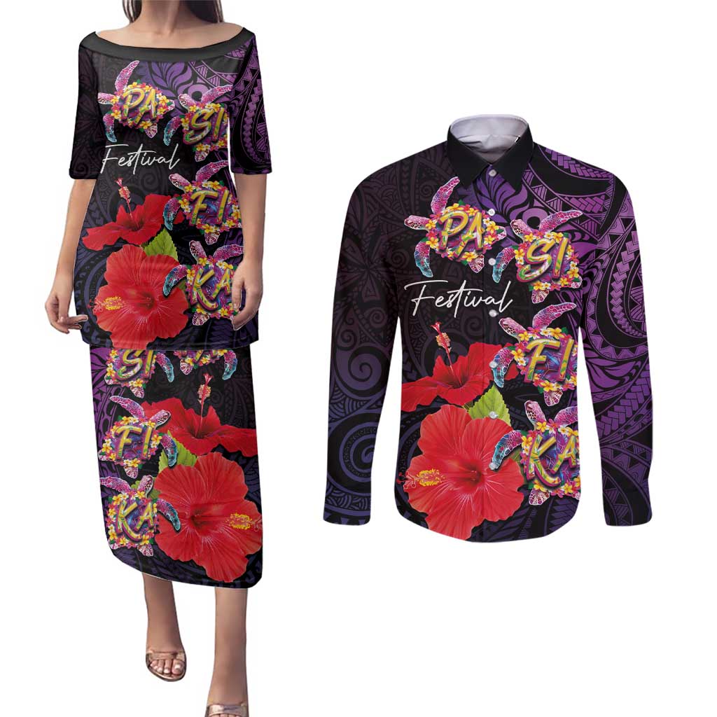 Pasifika Festival Couples Matching Puletasi and Long Sleeve Button Shirt Plumeria Turtles with Hibiscus - Polynesian Art Tattoo Purple Color LT03 Purple - Polynesian Pride