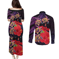 Pasifika Festival Couples Matching Puletasi and Long Sleeve Button Shirt Plumeria Turtles with Hibiscus - Polynesian Art Tattoo Purple Color LT03 - Polynesian Pride