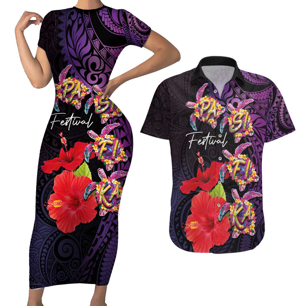Pasifika Festival Couples Matching Short Sleeve Bodycon Dress and Hawaiian Shirt Plumeria Turtles with Hibiscus - Polynesian Art Tattoo Purple Color LT03 Purple - Polynesian Pride