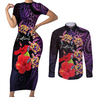 Pasifika Festival Couples Matching Short Sleeve Bodycon Dress and Long Sleeve Button Shirt Plumeria Turtles with Hibiscus - Polynesian Art Tattoo Purple Color LT03 Purple - Polynesian Pride