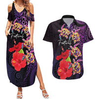 Pasifika Festival Couples Matching Summer Maxi Dress and Hawaiian Shirt Plumeria Turtles with Hibiscus - Polynesian Art Tattoo Purple Color LT03 Purple - Polynesian Pride
