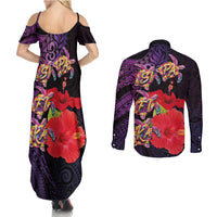 Pasifika Festival Couples Matching Summer Maxi Dress and Long Sleeve Button Shirt Plumeria Turtles with Hibiscus - Polynesian Art Tattoo Purple Color LT03 - Polynesian Pride