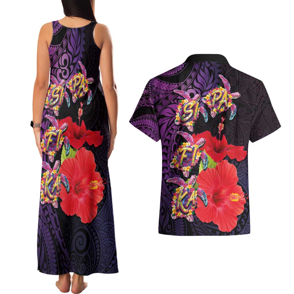 Pasifika Festival Couples Matching Tank Maxi Dress and Hawaiian Shirt Plumeria Turtles with Hibiscus - Polynesian Art Tattoo Purple Color LT03 - Polynesian Pride