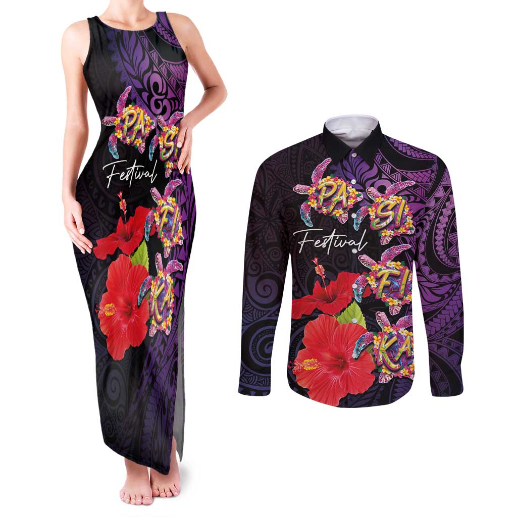 Pasifika Festival Couples Matching Tank Maxi Dress and Long Sleeve Button Shirt Plumeria Turtles with Hibiscus - Polynesian Art Tattoo Purple Color LT03 Purple - Polynesian Pride