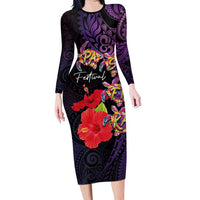 Pasifika Festival Family Matching Long Sleeve Bodycon Dress and Hawaiian Shirt Plumeria Turtles with Hibiscus - Polynesian Art Tattoo Purple Color LT03 Mom's Dress Purple - Polynesian Pride
