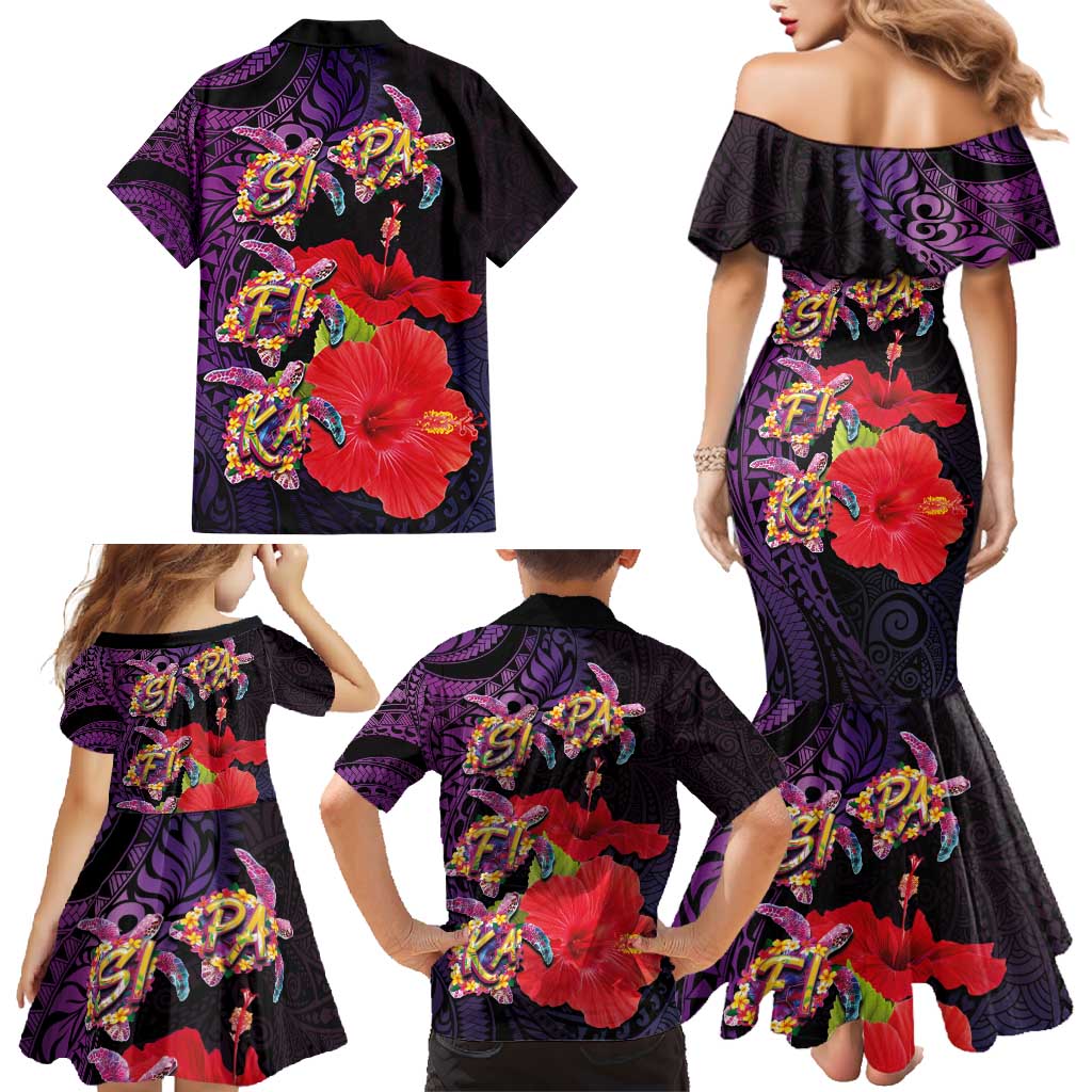 Pasifika Festival Family Matching Mermaid Dress and Hawaiian Shirt Plumeria Turtles with Hibiscus - Polynesian Art Tattoo Purple Color LT03 - Polynesian Pride