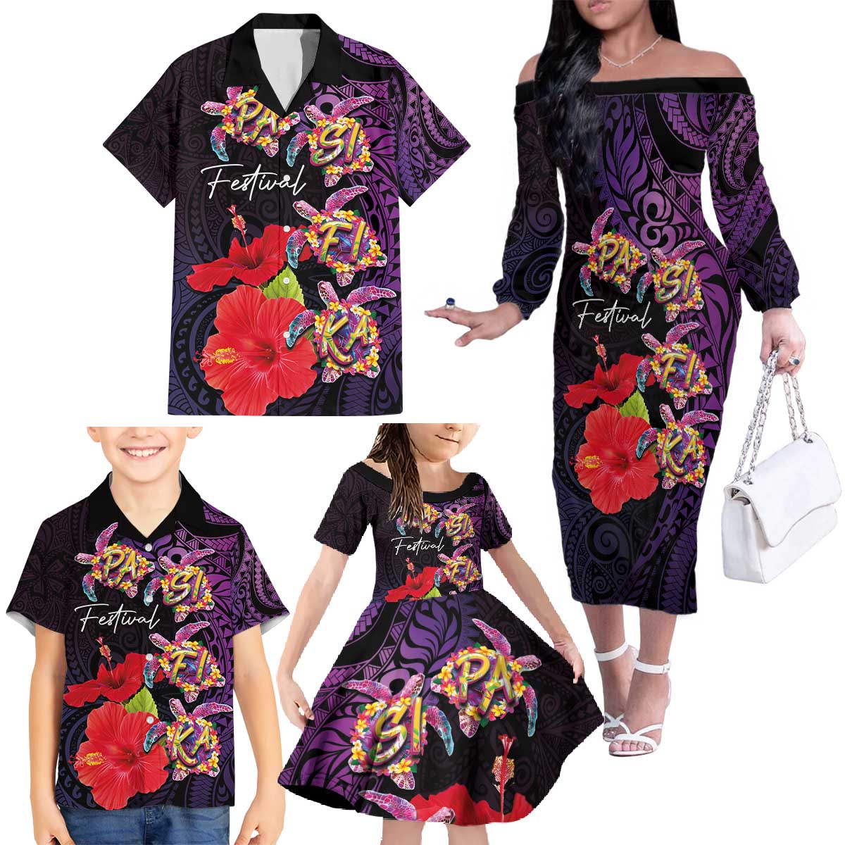 Pasifika Festival Family Matching Off The Shoulder Long Sleeve Dress and Hawaiian Shirt Plumeria Turtles with Hibiscus - Polynesian Art Tattoo Purple Color LT03 - Polynesian Pride