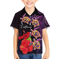 Pasifika Festival Family Matching Off The Shoulder Long Sleeve Dress and Hawaiian Shirt Plumeria Turtles with Hibiscus - Polynesian Art Tattoo Purple Color LT03 Son's Shirt Purple - Polynesian Pride