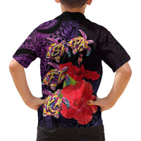 Pasifika Festival Family Matching Off Shoulder Short Dress and Hawaiian Shirt Plumeria Turtles with Hibiscus - Polynesian Art Tattoo Purple Color LT03 - Polynesian Pride