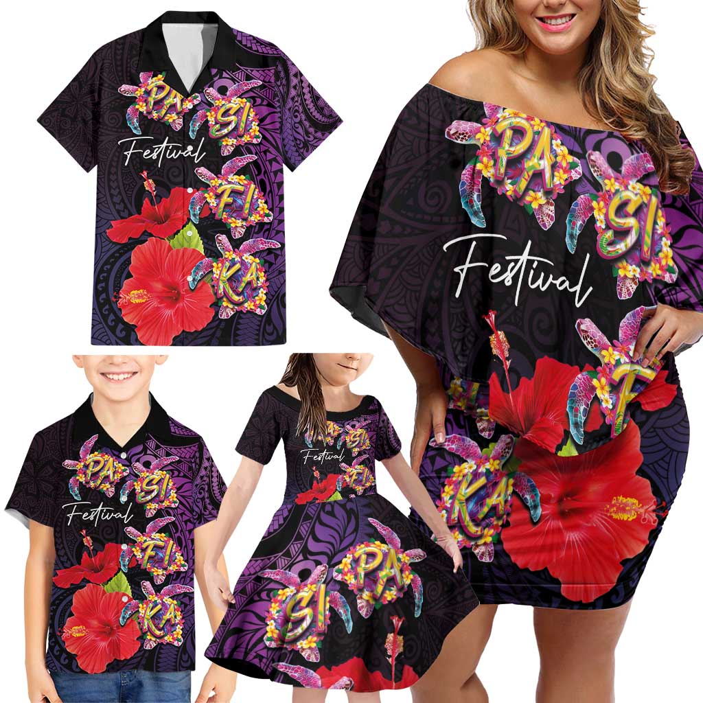 Pasifika Festival Family Matching Off Shoulder Short Dress and Hawaiian Shirt Plumeria Turtles with Hibiscus - Polynesian Art Tattoo Purple Color LT03 - Polynesian Pride