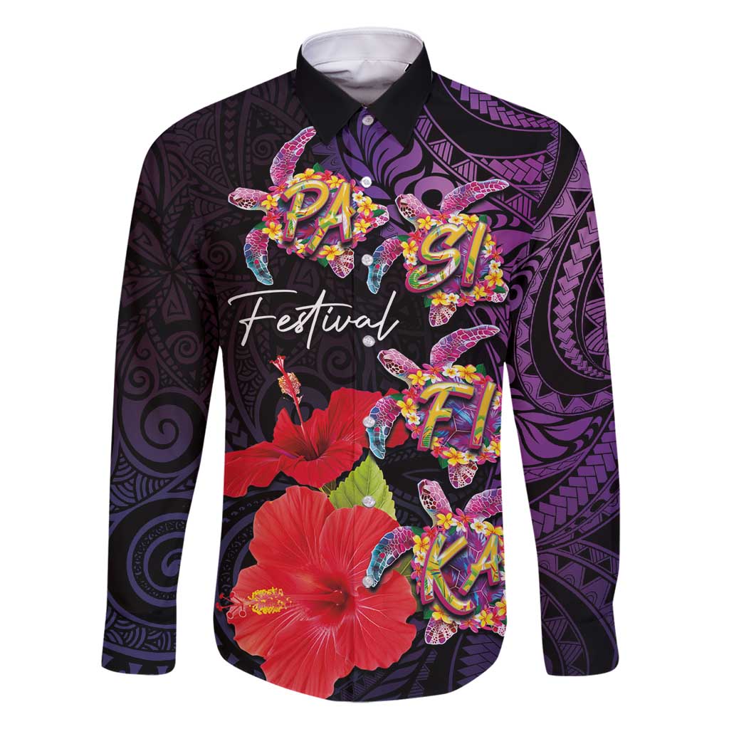 Pasifika Festival Family Matching Off Shoulder Short Dress and Hawaiian Shirt Plumeria Turtles with Hibiscus - Polynesian Art Tattoo Purple Color LT03 Dad's Shirt - Long Sleeve Purple - Polynesian Pride
