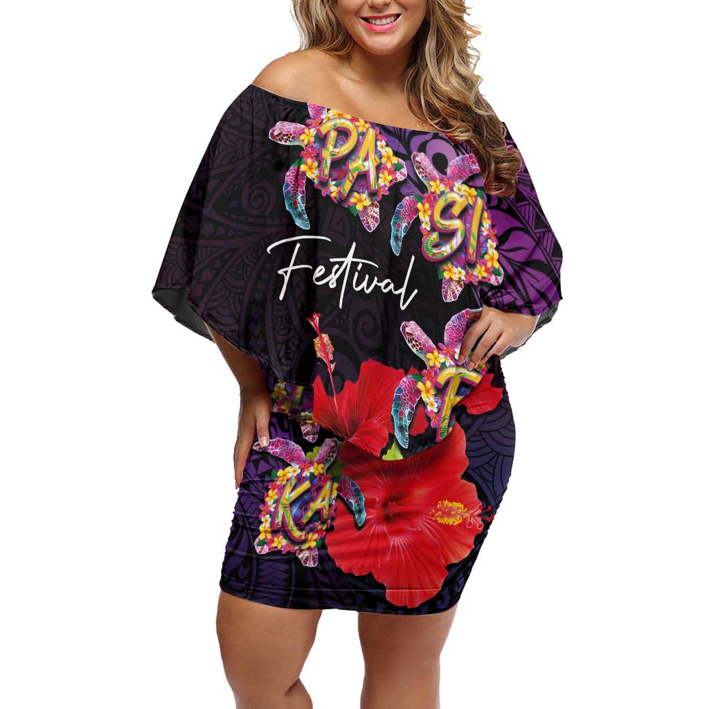 Pasifika Festival Family Matching Off Shoulder Short Dress and Hawaiian Shirt Plumeria Turtles with Hibiscus - Polynesian Art Tattoo Purple Color LT03 Mom's Dress Purple - Polynesian Pride