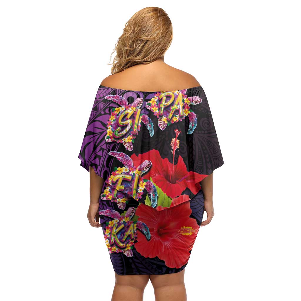 Pasifika Festival Family Matching Off Shoulder Short Dress and Hawaiian Shirt Plumeria Turtles with Hibiscus - Polynesian Art Tattoo Purple Color LT03 - Polynesian Pride